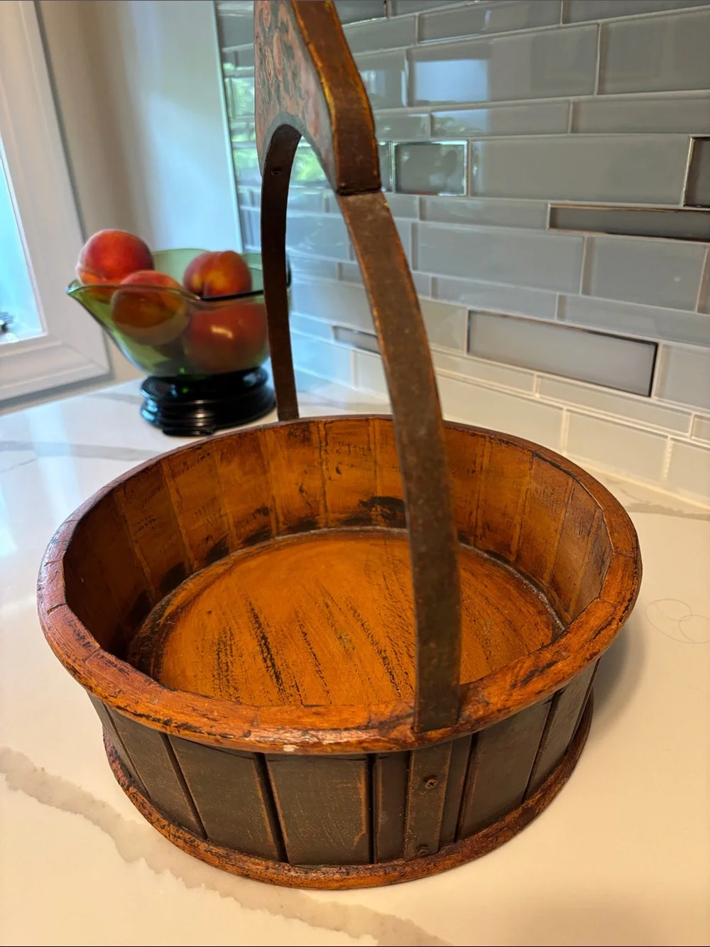 Vintage, Hand-Painted Rustic Orange Decorative Basket with Floral Accent